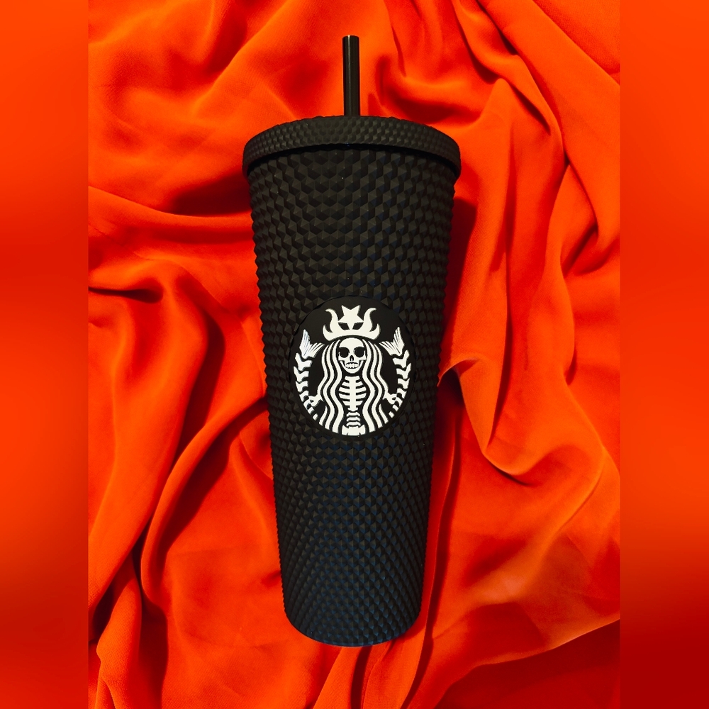 Starbucks goth black and white matte studded skeleton mermaid Tumblr reusable